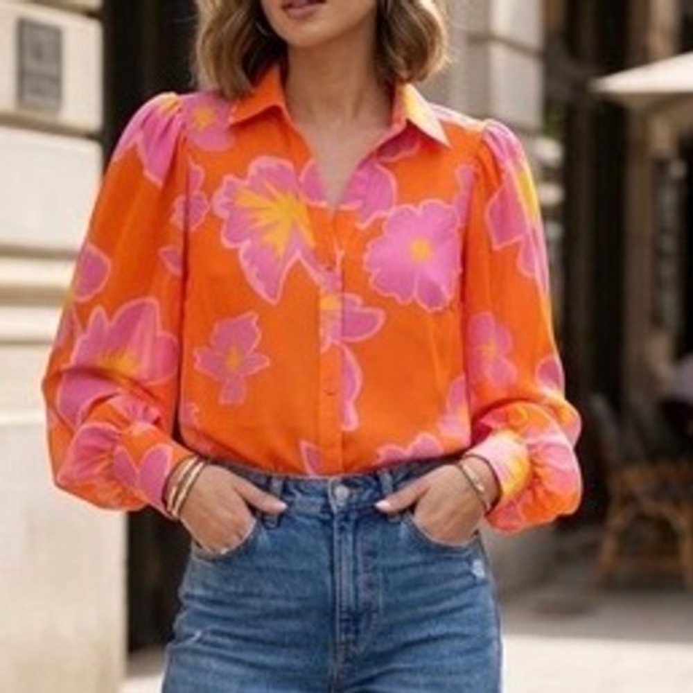 White Birch Orange Pink Floral Puff Sleeve Button Down Chiffon Blouse T24170XL S